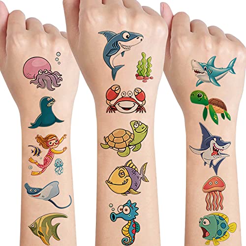 Meerestiere Tattoo Kinder,20 Blatt Unterwasserwelt Kinder Tattoo Set,Hautfreundlich Temporäre Kindertattoos Aufkleber Jungen Mädchen Ozean Tattoos Sticker für Kindergeburtstag Mitgebsel Party Deko von SUNYOVIME