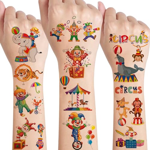 Zirkus Tattoo Kinde,10 Blätter Hautfreundlich Kinder Tattoo Clown Wasserfest Kindertattoos Sticker,Mitgebsel Kindergeburtstag Gastgeschenke Party Deko Jungen Mädchen Spielzeug von SUNYOVIME