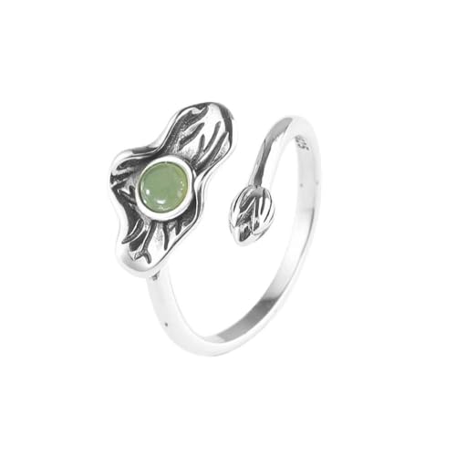 SUNYUHUI Lotus Blatt und Lotus Blume Ring 925 Sterling Silber Schmuck Retro Silber Ring Gesicht Hotan Jade Index Finger Ring, green von SUNYUHUI