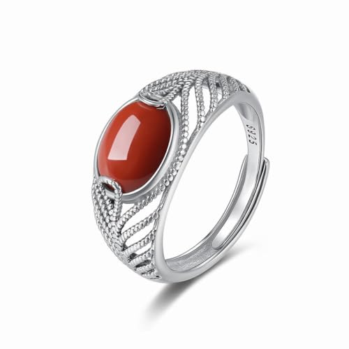 SUNYUHUI S925 Silber Inlay Hohler Süd Roter Achat Überzogener Ring mit Spitze Hohlring Ethnische Art, red von SUNYUHUI