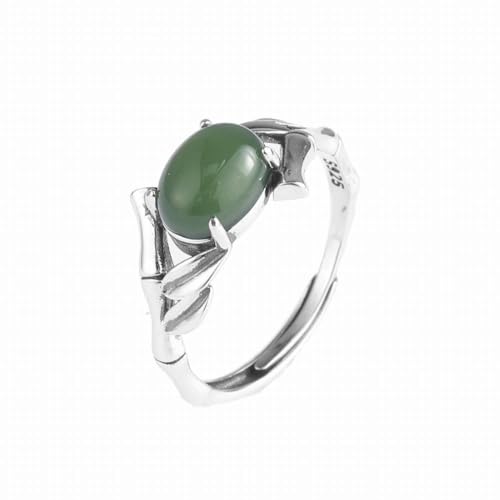 SUNYUHUI Vier Kralle und Tian bi Jade Bambus Blatt Ring 925 Reiner Silber Schmuck Bambus Knoten Vintage Matte Ring, green von SUNYUHUI
