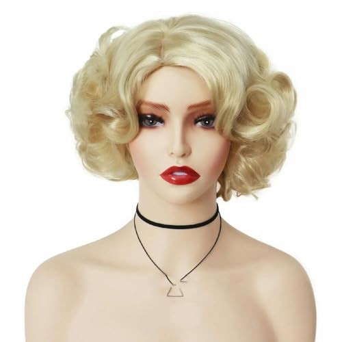 Grüne Kunsthaar-Perücke für Damen, kurz, groß, gewellt, lockige Perücke im 80er-Jahre-Stil, für Kostümpartys, Halloween, Weihnachten, natürlich aussehend, blond von SUOCMG