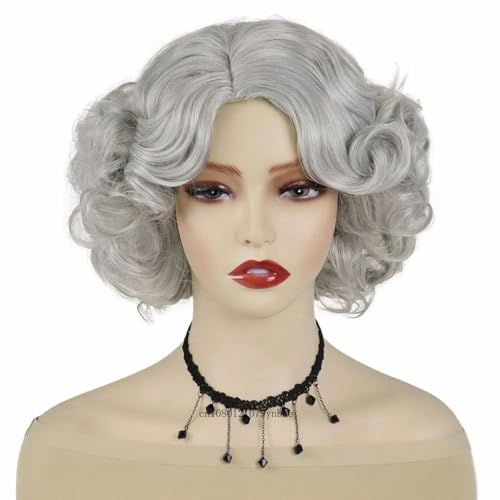 Grüne Kunsthaarperücke für Damen, kurz, groß, gewellt, lockige Perücke im 80er-Jahre-Stil, für Kostümpartys, Halloween, Weihnachten, natürlich aussehend, Silbergrau von SUOCMG