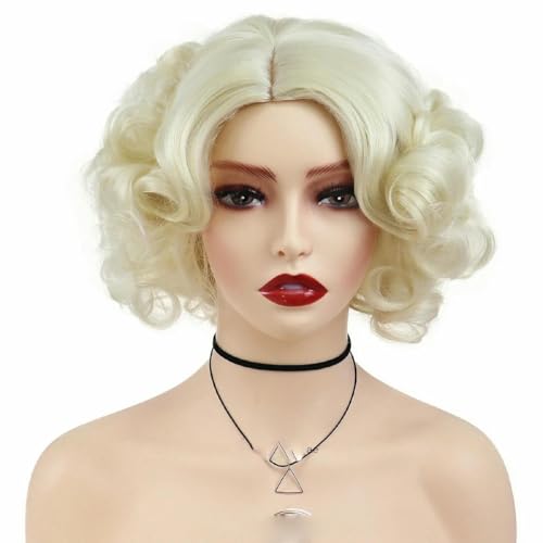 Grüne Kunsthaarperücke für Damen, kurz, groß, gewellt, lockige Perücke im 80er-Jahre-Stil, für Kostümpartys, Halloween, Weihnachten, zum natürlichen Aussehen, Platinblond von SUOCMG
