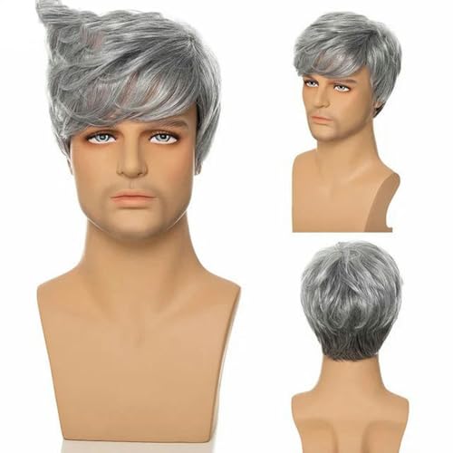 Kurze, gerade, gewellte Kunsthaarperücke für Männer, gemischtes silbergraues Toupet, gewellte Hochtemperaturfaser, hitzebeständige Perücken-096-1 Stück von SUOCMG