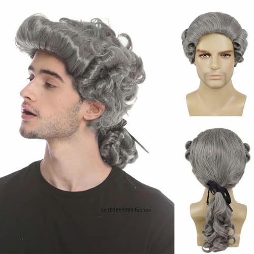 Synthetischer Anwalt Richter Barock Cosplay Lockenperücke Deluxe Historische Lange Weiße Perücken für Herren Kostümparty Halloween Weihnachten-Grau von SUOCMG