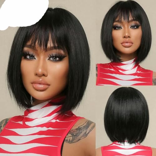 Weißblond-graue Kunsthaarperücken mit Pony, kurze glatte Haarperücke für Damen, Cosplay, natürliches Haar, hitzebeständig-LC2049-1 von SUOCMG