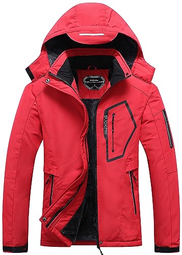 Damen Wasserdichte Skijacke Warm Winter Schneemantel Kapuze Regenmantel, Rot/Ausflug, einfarbig (Getaway Solids), S von SUOKENI