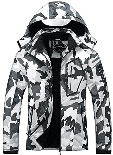 Damen Wasserdichte Skijacke Warm Winter Schneemantel Kapuze Regenmantel, Schwarz Camouflage, XL von SUOKENI