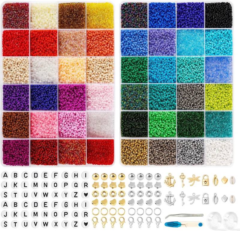 SUOOMAC Perlenarmband Set DIY Armband Bastelset Perlen Set 2mm (DIY Perlen Bastelset, 40000-tlg., 40.000 bunte Perlen mit umfangreichem DIY Zubehör), XXL Set mit 48 Farben und vielseitigem Zubehör von SUOOMAC