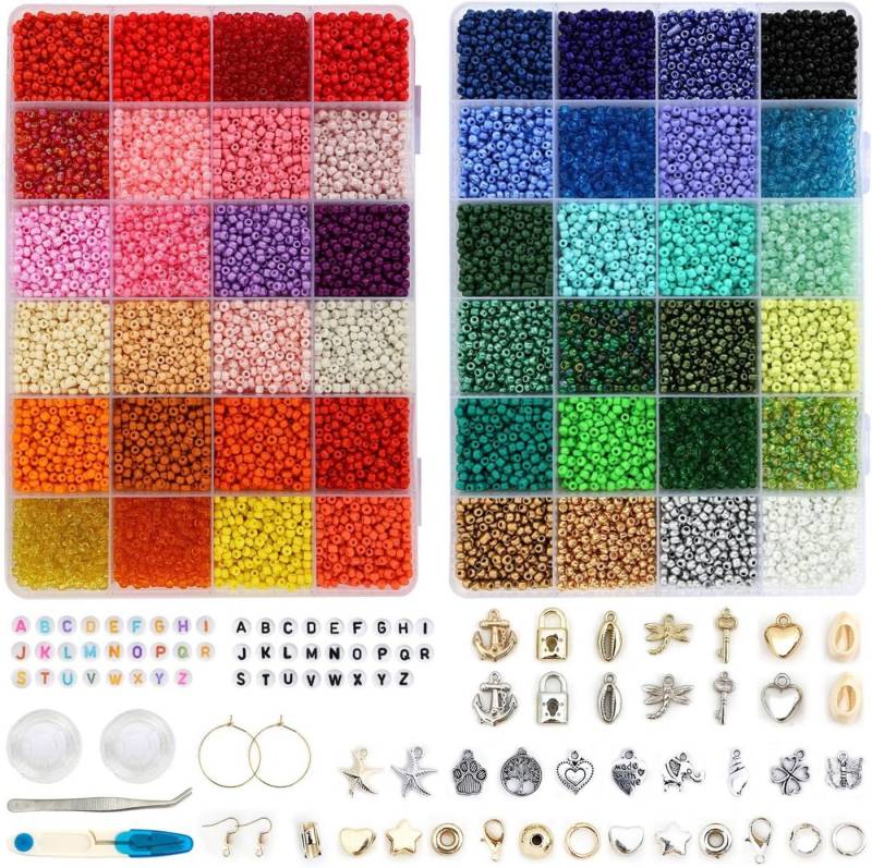 SUOOMAC Perlenarmband Set DIY Perlenset 16000 tlg. 3mm 48 Farben (DIY Schmuckherstellungsset mit Zubehör & Werkzeug, 16000-tlg., 48 Farben Perlenmix mit Zubehör & Anhängern in Sortierbox), 48 Farben, viele Anhänger, umfangreiches DIY-Zubehör von SUOOMAC