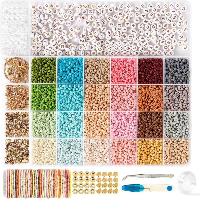 SUOOMAC Perlenarmband Set DIY Schmuckset Perlen Set 3mm (DIY Perlen Schmuckset, Komplettset mit Zubehör, 12000-tlg., 12000 Perlen + 300 Buchstabenperlen & diverse Anhänger, ideal für DIY), Umweltfreundliche, geruchslose Materialien, vielseitiges DIY-Set von SUOOMAC