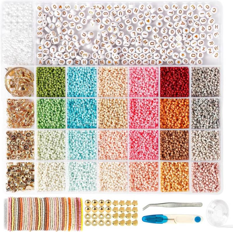 SUOOMAC Perlenarmband Set DIY Schmuckset mit Glasperlen, 2mm (Perlen- & Schmuckbastelset, 20000-tlg., DIY-Set mit 20.000 Glasperlen, Zubehör & Aufbewahrungsbox), 20.000 Glasperlen-Set mit Charms & Buchstabenperlen von SUOOMAC