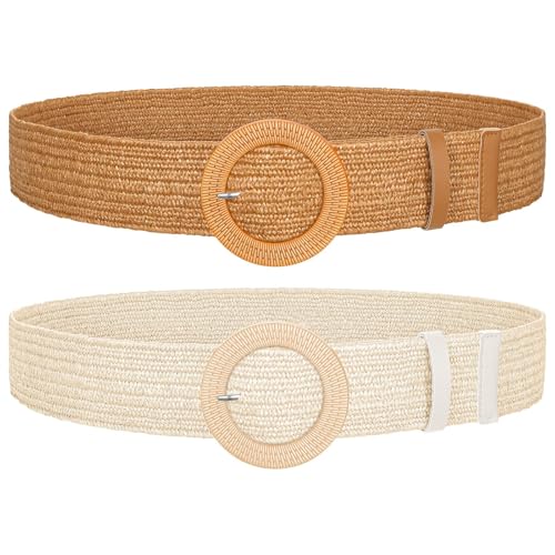 SUOSDEY 2 Stück Stroh gewebter elastischer Stretch-Taillengürtel für Frauen Sommer Boho Wide Waist Dress Band Geflochtene Gürtel, Braun+Beige von SUOSDEY