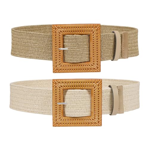 SUOSDEY 2 Stück Stroh gewebter elastischer Stretch-Taillengürtel für Frauen Sommer Boho Wide Waist Dress Band Geflochtene Gürtel, Khaki + Sandfarbe, 110cm von SUOSDEY
