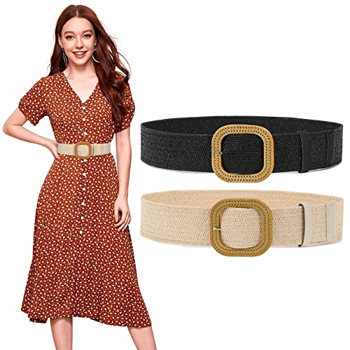 SUOSDEY 2 Stück Stroh gewebter elastischer Stretch-Taillengürtel für Frauen Sommer Boho Wide Waist Dress Band Geflochtene Gürtel, Schwarz+Beige von SUOSDEY