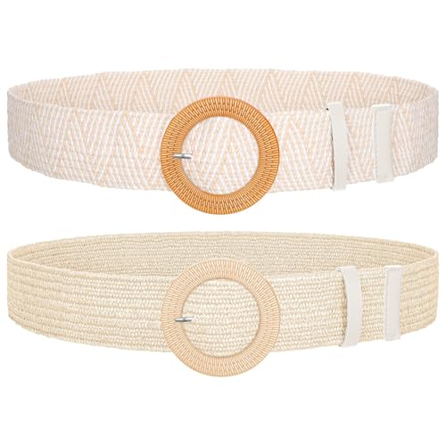 SUOSDEY 2 Stück Stroh gewebter elastischer Stretch-Taillengürtel für Frauen Sommer Boho Wide Waist Dress Band Geflochtene Gürtel, Streifen+Beige von SUOSDEY