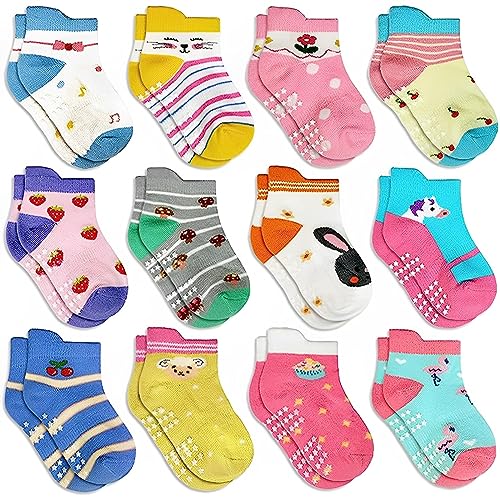 SUOSDEY Baby Antirutsch Socken mit Griffen - 12 Paar Jungen Kinder Mädchen Kleinkinder ABS Rutschfeste Socken Baumwolle StopperSocken, 1-3 Jahre von SUOSDEY