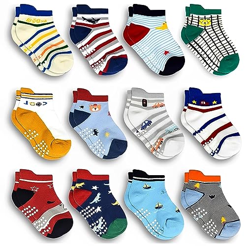 SUOSDEY Baby Antirutsch Socken mit Griffen - 12 Paar Jungen Kinder Mädchen Kleinkinder ABS Rutschfeste Socken Baumwolle StopperSocken, 3-5 Jahre von SUOSDEY