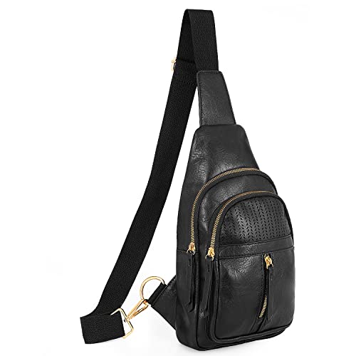 SUOSDEY Crossbody Tasche für Damen, Mode Sling bag, Leder Brusttasche Backpack Schultertaschen mit verstellbaren Riemen schwarz von SUOSDEY
