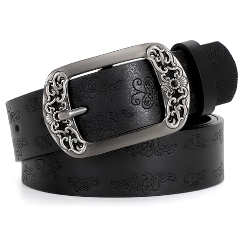 SUOSDEY Damen Ledergürtel Klassisch Schwarz Floral Pin Buckle Gürtel für Jeans Kleid Mode Gürtel schwarz von SUOSDEY