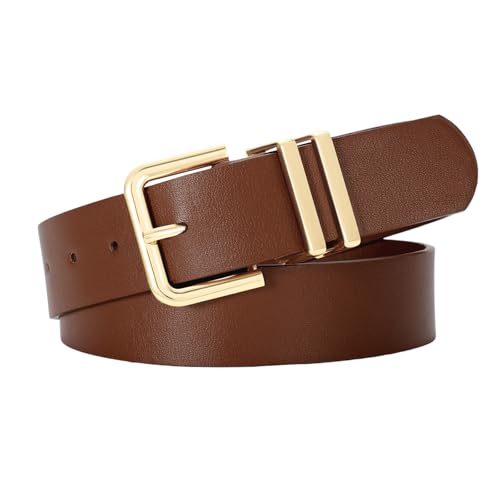 SUOSDEY Damen Ledergürtel für Jeanshosen, Modischer Damen Taillengürtel, Kleidergürtel mit goldener Schnalle 3.3cm Breite dunkelkaffee von SUOSDEY