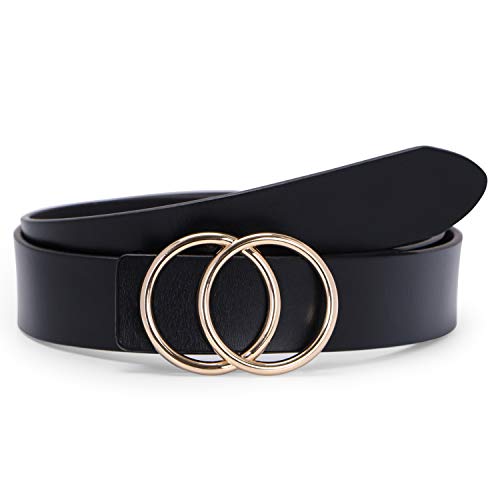 SUOSDEY Stilvolle Gold Doppel Ring Schnalle Gürtel für Frauen Ledergürtel für Jeans Kleid Hosen Gürtel Breite 3,3 cm, Schwarz, Gürtellänge:110cm von SUOSDEY