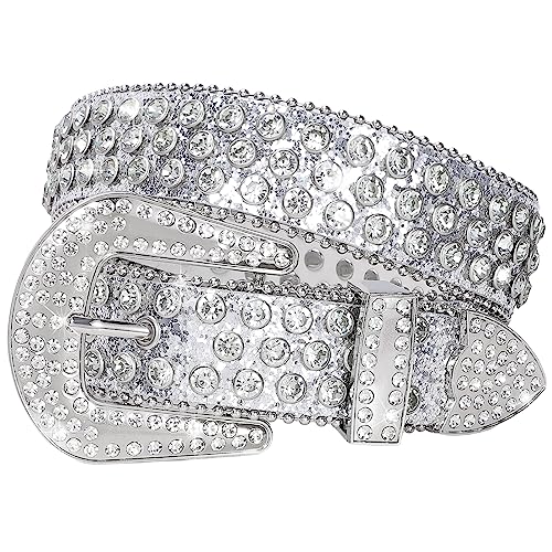 SUOSDEY Strass Gürtel Unisex Pailletten Strap Bling Kristall Western Nieten Glitzer Luxus Gürtel für Jeans Hosen Kleid, 01A-Silber, 39.4" fit waist: 27.6"-30.7" von SUOSDEY