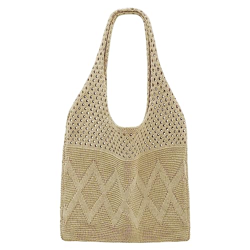 SUOSDEY gehäkelte Mesh Strand Tote Bag, Sommer Urlaub Ästhetische Strick Boho Umhängetasche für Frauen Khaki von SUOSDEY