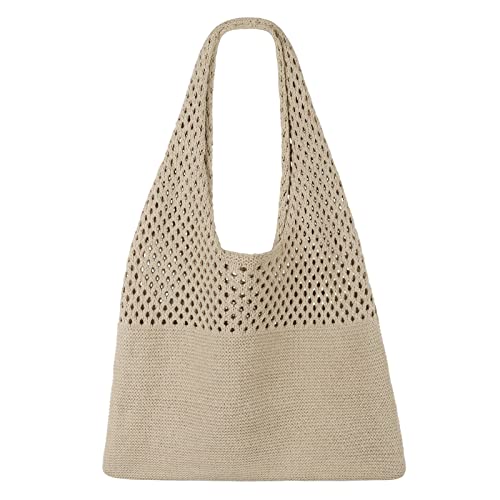 SUOSDEY gehäkelte Mesh Strand Tote Bag, Sommer Urlaub Ästhetische Strick Boho Umhängetasche für Frauen Khaki von SUOSDEY