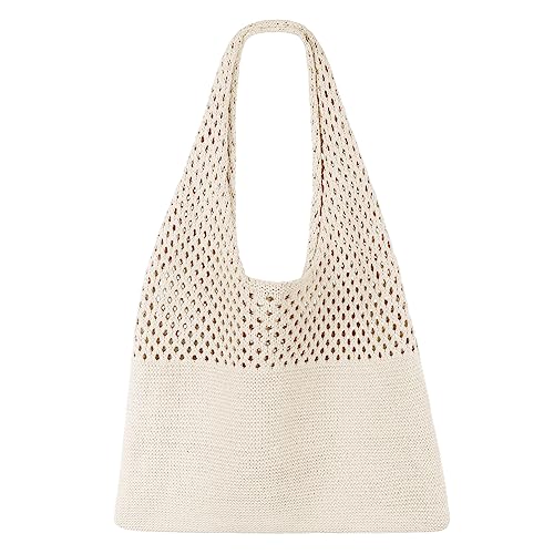 SUOSDEY gehäkelte Mesh Strand Tote Bag, Sommer Urlaub Ästhetische Strick Boho Umhängetasche für Frauen beige von SUOSDEY