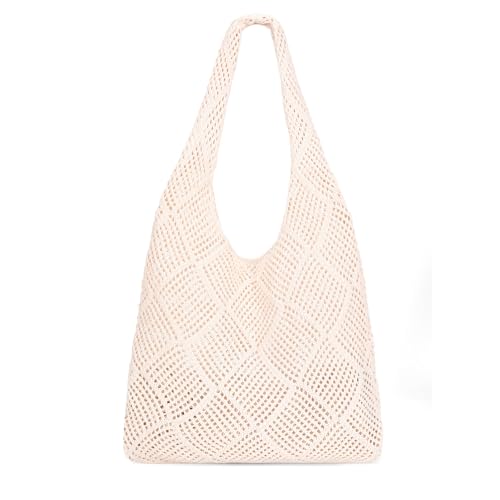 SUOSDEY gehäkelte Mesh Strand Tote Bag, Sommer Urlaub Ästhetische Strick Boho Umhängetasche für Frauen beige von SUOSDEY