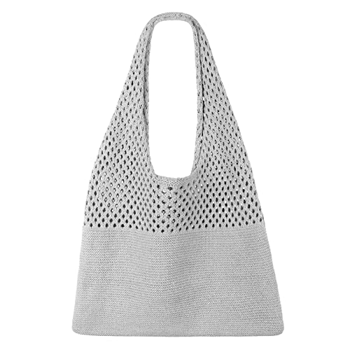 SUOSDEY gehäkelte Mesh Strand Tote Bag, Sommer Urlaub Ästhetische Strick Boho Umhängetasche für Frauen grau von SUOSDEY