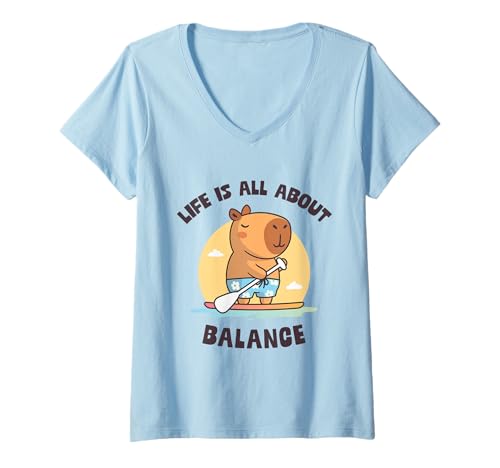 Damen Capybara Stand-Up-Paddleboarding SUP T-Shirt mit V-Ausschnitt Damen Capybara Stand-Up-Paddleboarding SUP T-Shirt mit V-Ausschnitt von SUP Capybaras