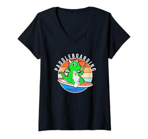 Damen Lustiger Drachen Grafik Stand Up Paddle T-Shirt mit V-Ausschnitt Damen Lustiger Drachen Grafik Stand Up Paddle T-Shirt mit V-Ausschnitt von SUP Stand Up Paddle Humorvoller Drachen