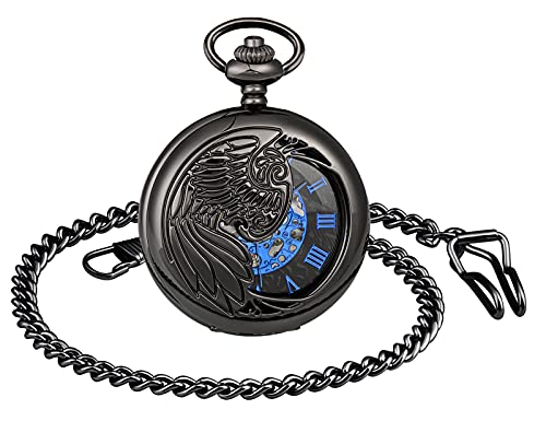 SUPBRO Damen Herren Taschenuhr Adler Analog Mechanische Kettenuhr Uhr Pocket Watch mit Halskette Pullover Kette Schwarz von SUPBRO