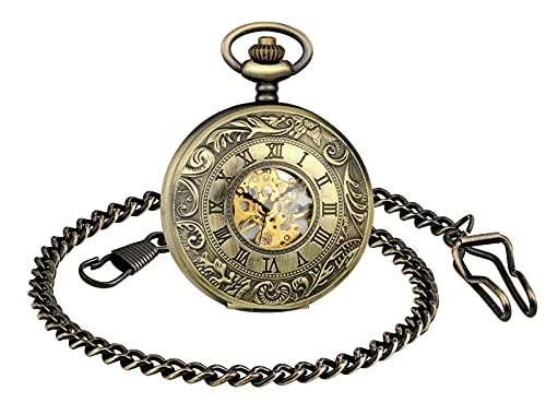 SUPBRO Damen Herren Taschenuhr Bronze Mechanische Kettenuhr Uhr Automatik Pocket Watch mit Halskette Pullover Kette Analog von SUPBRO