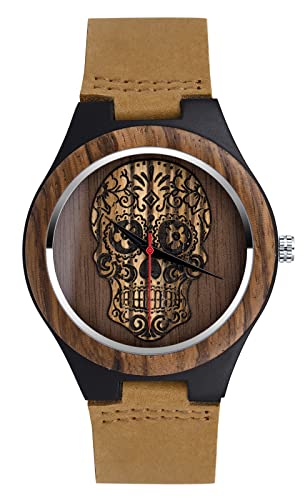 SUPBRO Holzuhren Herren Holz-Armbanduhr Schädel Natur Hölzerne Uhr Analog Armbanduhr Japanisch Holzuhr Quarzwerk Uhr Herren Uhren von SUPBRO