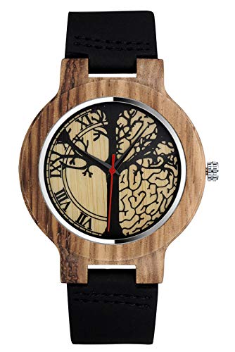 SUPBRO Holzuhren Herren Holzuhr Holz-Armbanduhr Analoge Quarzwerk Uhren Armband Natur-Holz Gehirn Baum von SUPBRO