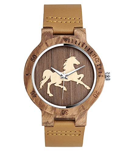 SUPBRO Holzuhren Herren Holzuhr Holz-Armbanduhr Klassik Analoge Quarzwerk Uhren Armband Pferd von SUPBRO
