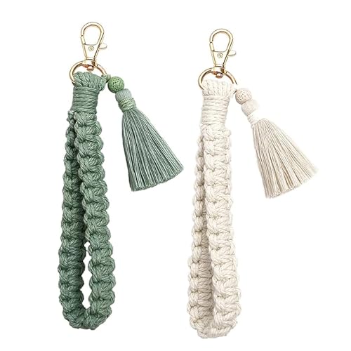 SUPECHUNYI 2 Stück Schlüsselanhänger Auto Damen Schlüsselanhänger Armband Perlen Band Makramee Schlüsselband Kurz Schlüsselbänder Keychain Geschenk für Mädchen Mama und Frauen (Grün&Weiß) von SUPECHUNYI