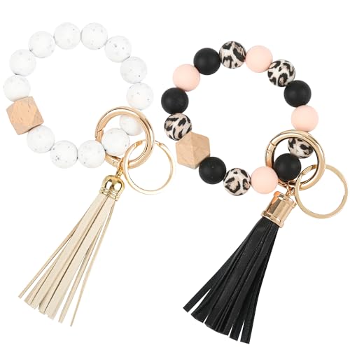 SUPECHUNYI 2 Stück Schlüsselanhänger Auto Damen Schlüsselanhänger Armband Perlen Band Makramee Schlüsselband Kurz Schlüsselbänder Keychain Geschenk für Mädchen Mama und Frauen (Weiß&Schwarz) von SUPECHUNYI