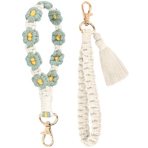 SUPECHUNYI 2 Stück Schlüsselanhänger Auto Damen Schlüsselanhänger Armband Perlen Band Makramee Schlüsselband Kurz Schlüsselbänder Keychain Geschenk für Mädchen Mama und Frauen (Weiß&Grün) von SUPECHUNYI
