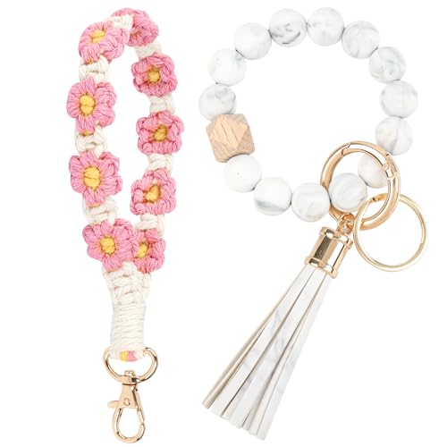 SUPECHUNYI 2 Stück Schlüsselanhänger Auto Damen Schlüsselanhänger Armband Perlen Band Makramee Schlüsselband Kurz Schlüsselbänder Keychain Geschenk für Mädchen Mama und Frauen (Weiße&Rosa) von SUPECHUNYI