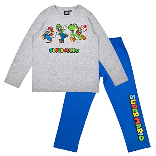 Super Mario Jungen oder Mädchen Schlafanzug Pyjama Langarm (Grau, 104) von Super Mario