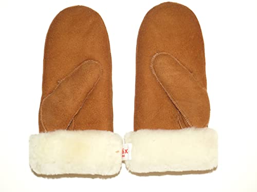 SUPER s6x Lammfell Handschuhe Fäustlinge, Fausthandschuhe Lammfell, (S) Cognac - braun - olive, Damen - Größenbeschreibung siehe Produktbeschreibung von SUPER s6x