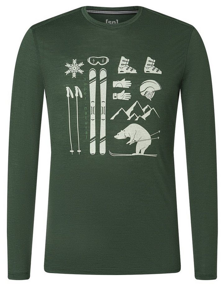 SUPER.NATURAL Langarmshirt Skiing Bear - Merinowollmix - dunkelgrün Herren von SUPER.NATURAL