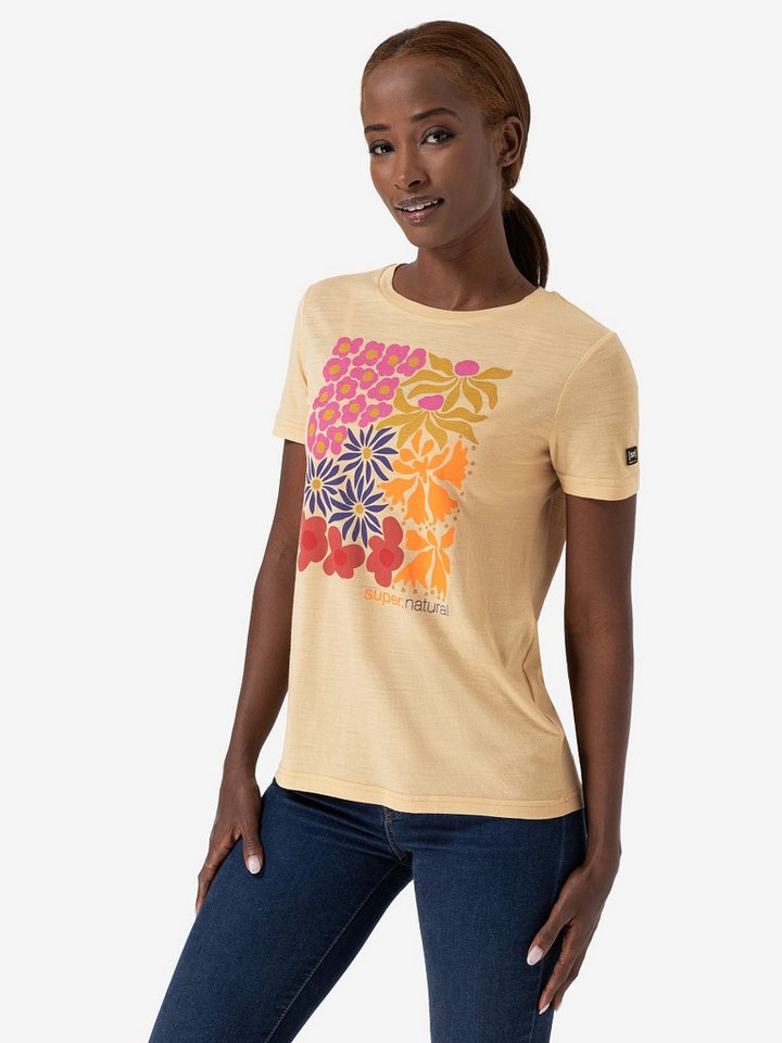 SUPER.NATURAL T-Shirt für Damen, Merino MAT IS Blumen Motiv, Reise, bunt von SUPER.NATURAL