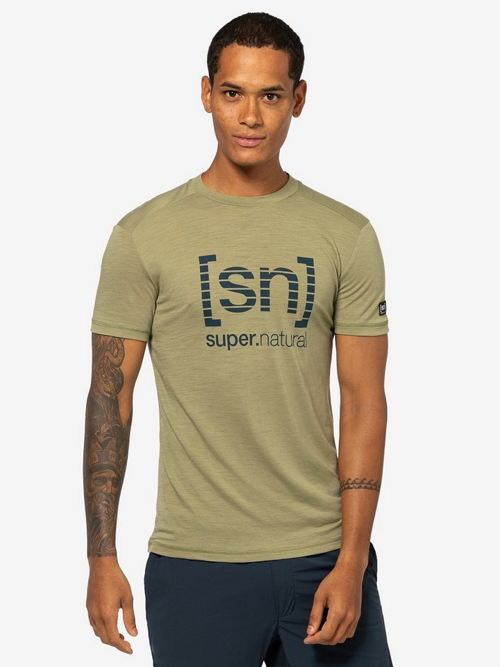 SUPER.NATURAL T-Shirt für Herren, Merino GRID LOGO gestreift, atmungsaktiv von SUPER.NATURAL