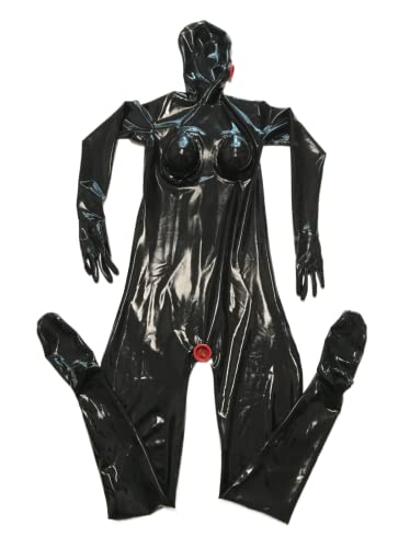 SUPERCH Sexy Schwarz Latex Ganzkörper Catsuit Handschuhe Socken Silikon Brusttasche mit Mund Anus Kondom, M von SUPERCH